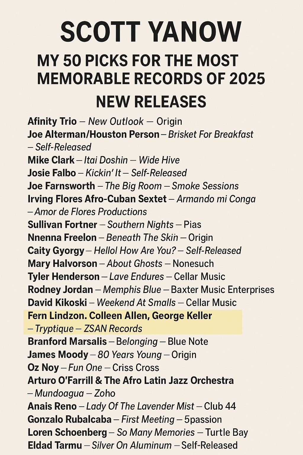 A screenshot of a section of Scott Yanow's Top 50 picks for most memorable records of 2025, including Trtyptique